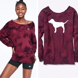 Victoria’s Secret PINK Raw Cut off shoulder Crew Sweater Top Ruby Tie Dye medium